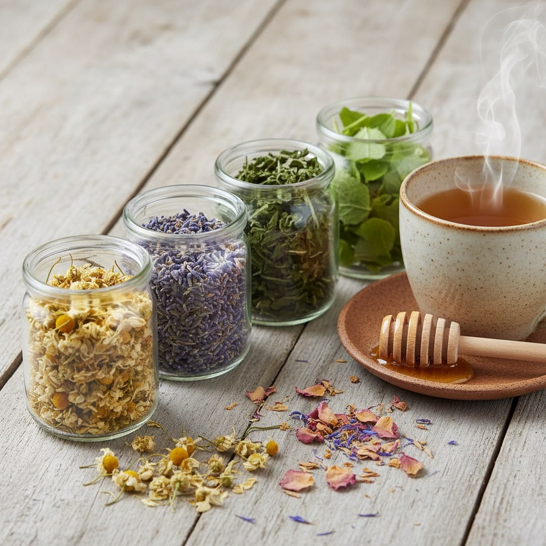An assortment of dried herbal tea ingredients including chamomile flowers, mint leaves, and hibiscus petals arranged in glass jars